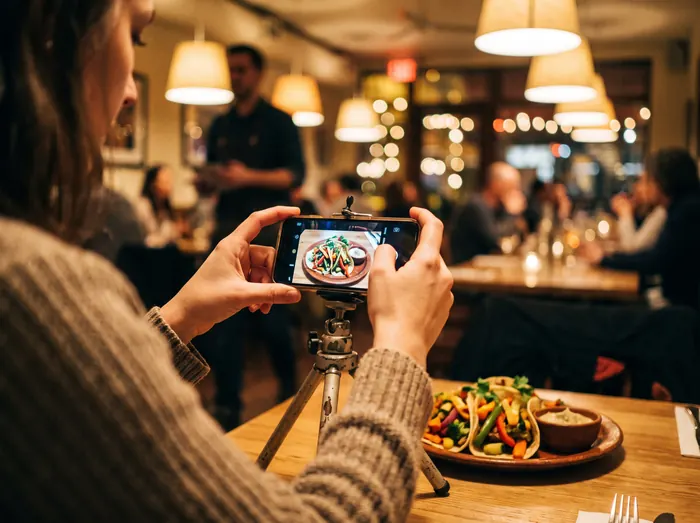 Iemand filmt een bord eten met een telefoon op een statiefje in een restaurant.